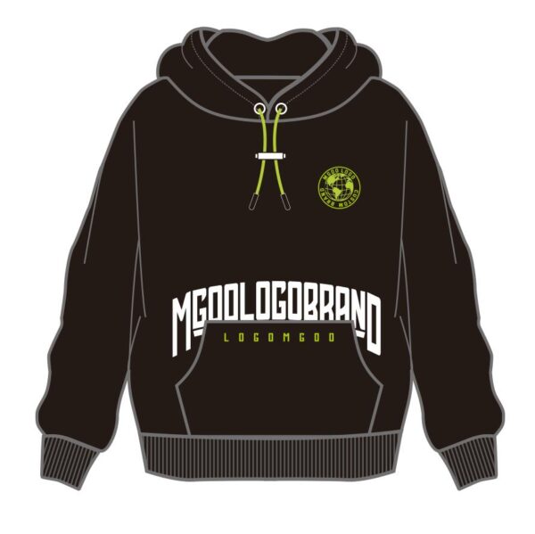Front of Mens Custom Hoodie In Black with Logo, Multiple Fabrics Available