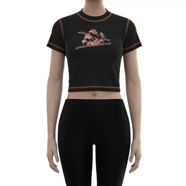 WMT002 Women's Black Futuristic Tech Style Broken Moon Print Muscle T-Shirt