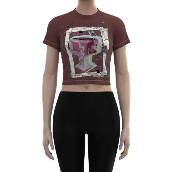 WMT005 Women's Burgundy Y2K Futuristic Tech Style Large Printed Muscle T-Shirt