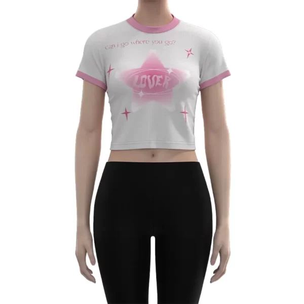 WMT006 Women's White Y2K Pink Printed Muscle T-Shirt