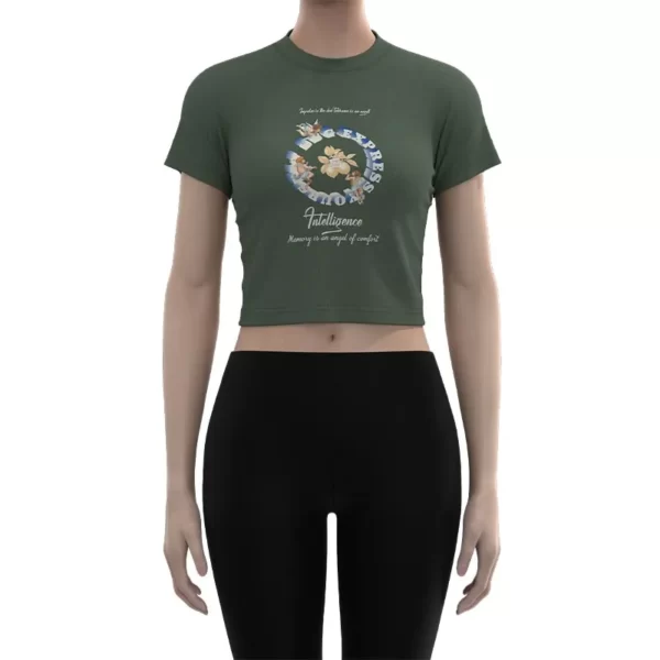 WMT010 Women's Dark Green Angel Child Printed Muscle T-Shirt