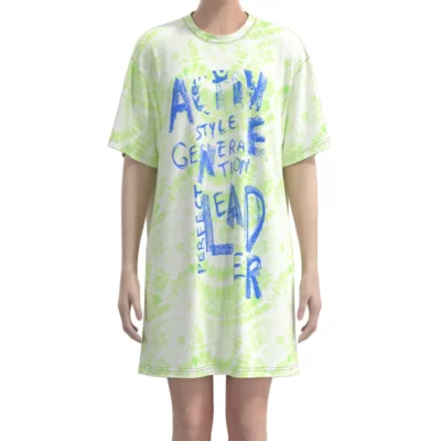 WLT006 Women's Green Tie-Dye Graffiti Print Short Sleeve Women Long T-shirt