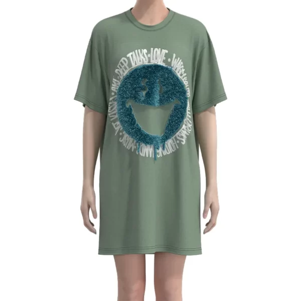 WLT010 Women's Green Towel Embroidery Print Short Sleeve Women Long T-shirt