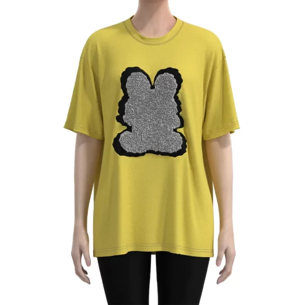 WDST006 Women's Yellow Towel Embroidered Rabbit Print Short Sleeve Drop Shoulder Tee