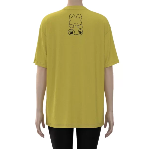 WDST006 the back of Women's Yellow Towel Embroidered Rabbit Print Short Sleeve Drop Shoulder Tee