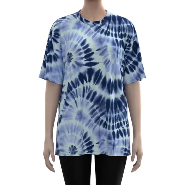 WDST010 Women's Blue Tie-Dye Print Short Sleeve Drop Shoulder Tee