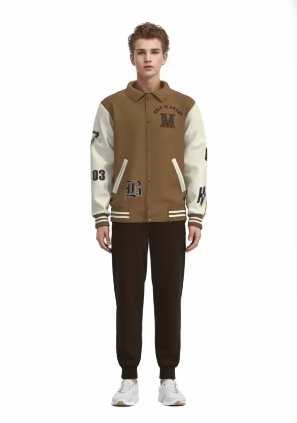MJK002 Men’s Brown White Leather Patchwork Custom Embroidered Men’s Jacket 03