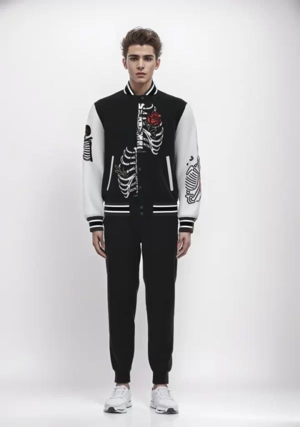 MJK004 Men’s Black White Spliced Skull Embroidered Custom Men’s Jacket 03