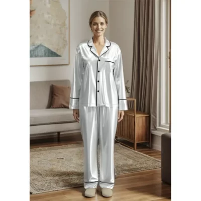 WPS002 Women's White Silk Long Sleeve Loungewear Women's Pajamas Set 1