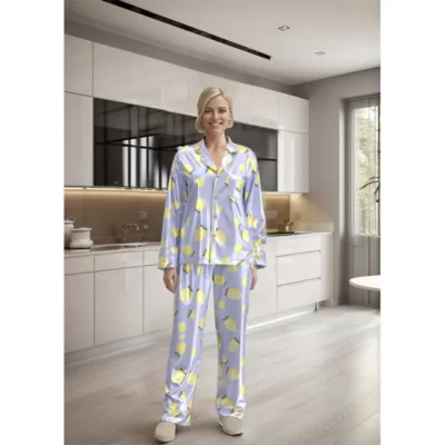 WPS004 Women's Blue Lemon Print Silk Long Sleeve Loungewear Women's Pajamas Set 1