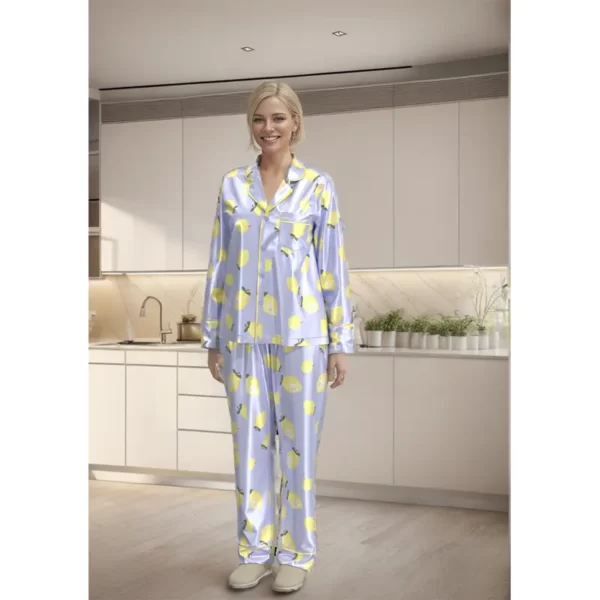 WPS004 Women's Blue Lemon Print Silk Long Sleeve Loungewear Women's Pajamas Set 2