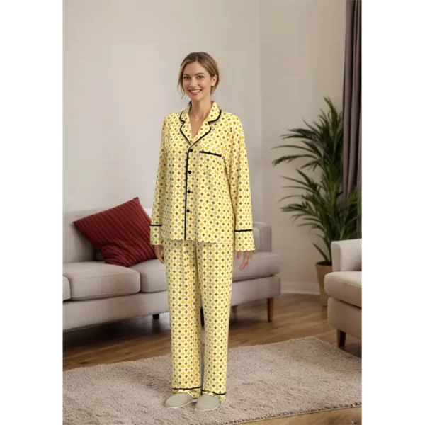 WPS005 Women's Yellow Printed Long Sleeve Loungewear Women's Pajamas Set 2