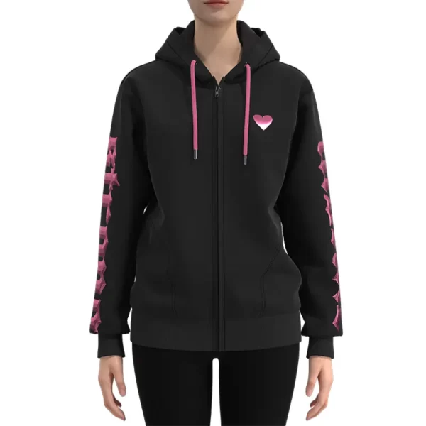 WRZH007 Women's Black and Pink Heart Print Zipper HoodieRegular Zipper Hoodie 1