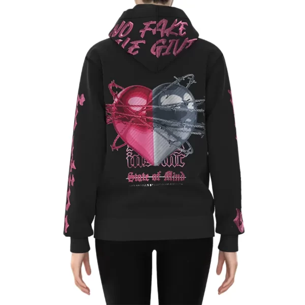 WRZH007 Women's Black and Pink Heart Print Zipper HoodieRegular Zipper Hoodie 2